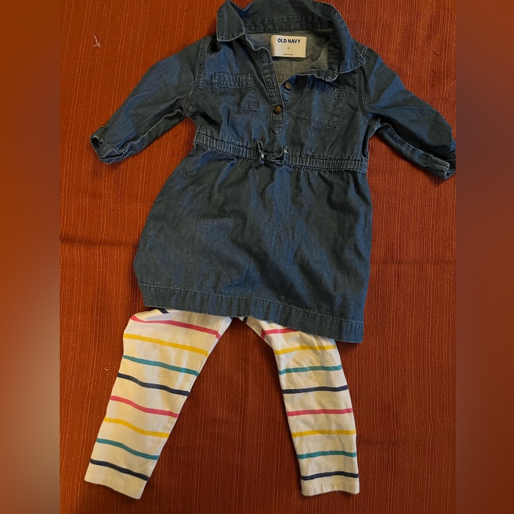 Denim dress outfit girls 2T with striped pants